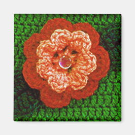 Orange Flower with Green Leaf Crochet Print on Magnet