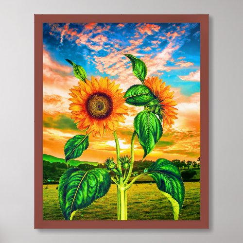 Orange Flower with Green Leaves _ Sunflower Sunset Framed Art