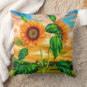 Orange Flower with Green Leaves - Sunflower Sunset Throw Pillow