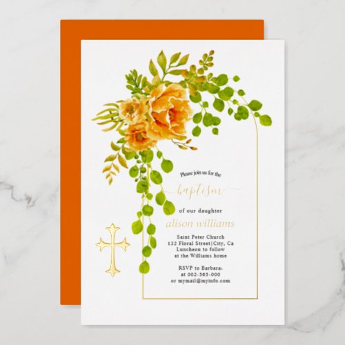 Orange flowers and arch floral baptism gold foil invitation