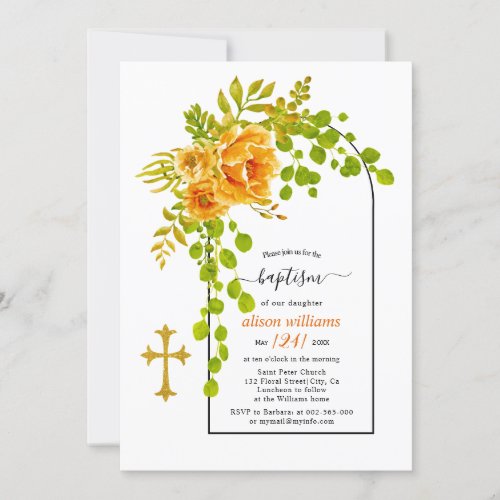 Orange flowers and arch floral baptism invitation