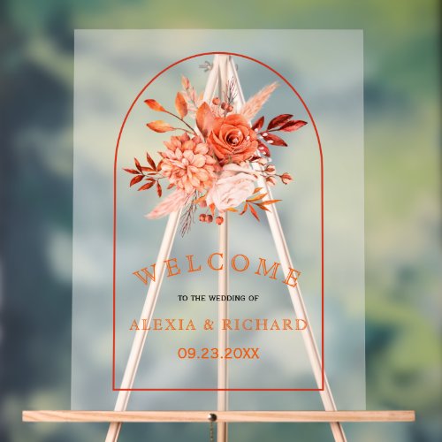 Orange flowers and arch frosted welcome wedding acrylic sign