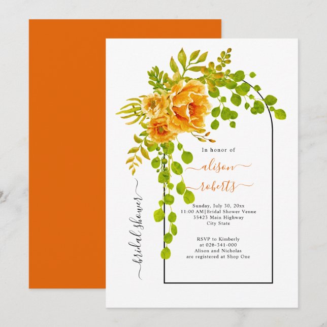 Orange flowers and arch wedding bridal shower   invitation (Front/Back)