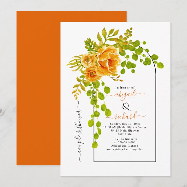 Orange flowers and arch wedding couples shower invitation (Front/Back)