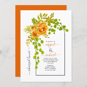 Orange flowers and arch wedding rehearsal dinner invitation