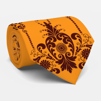 orange flowers and curlicues print neck tie