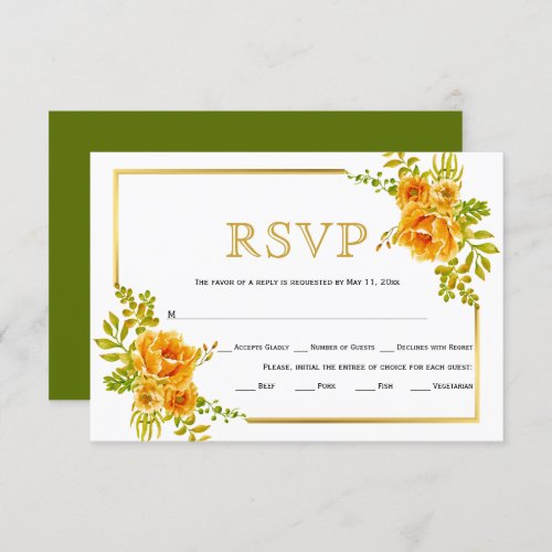 Orange flowers and gold frame wedding RSVP card