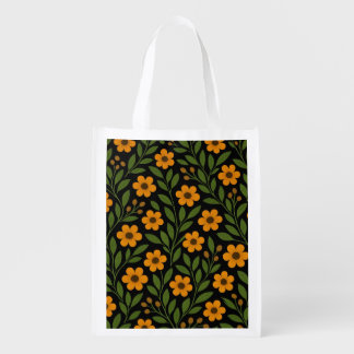 Orange Flowers and Green Leaves Grocery Bag