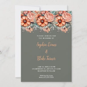 Orange Flowers and Greenery Green Wedding Invitation