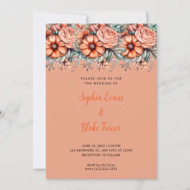 Orange Flowers and Greenery Orange Wedding Invitation (Front)