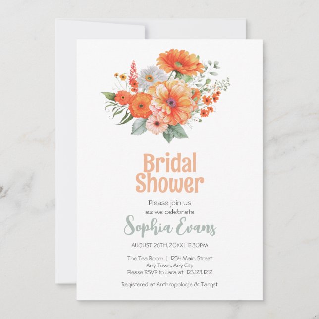 Orange Flowers and Greenery White Bridal Shower Invitation (Front)