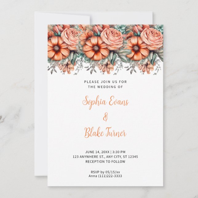 Orange Flowers and Greenery White Wedding Invitation (Front)