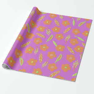 Orange Flowers and Lime Green Leafs on Bright Pink Wrapping Paper
