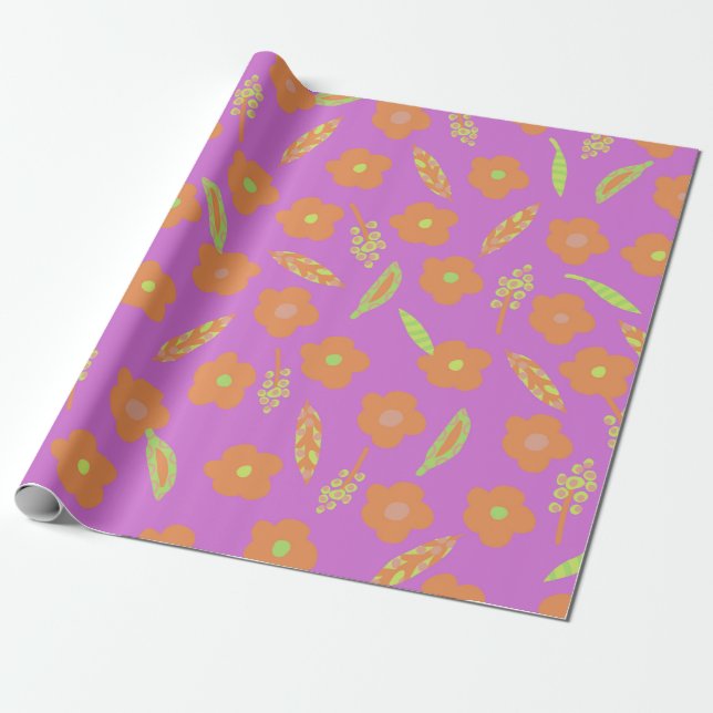 Orange Flowers and Lime Green Leafs on Bright Pink Wrapping Paper (Unrolled)