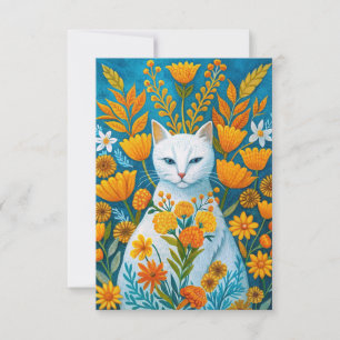 Orange flowers and white cat thank you card