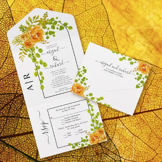 Orange flowers, arch and monogram fall wedding all in one invitation