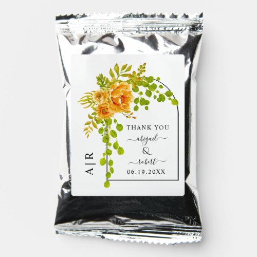 Orange flowers arch and monogram fall wedding coffee drink mix