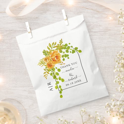 Orange flowers arch and monogram fall wedding favor bag