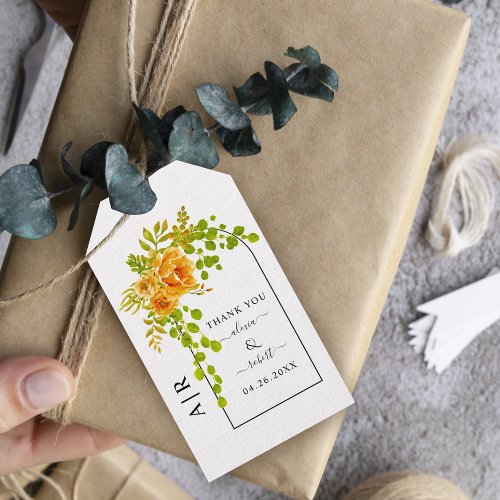 Orange flowers arch and monogram fall wedding gift tags