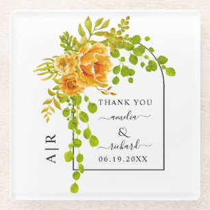 Orange flowers, arch and monogram fall wedding glass coaster