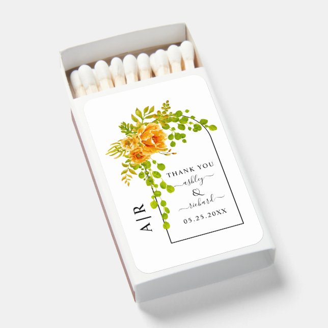 Orange flowers, arch and monogram fall wedding matchboxes (Front Open)