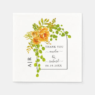 Orange flowers, arch and monogram fall wedding napkins