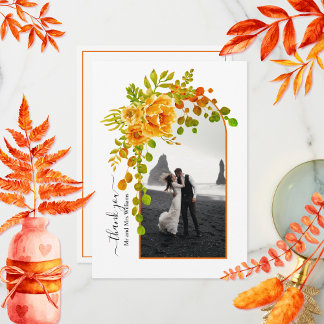 Orange flowers, arch with photo fall wedding  thank you card