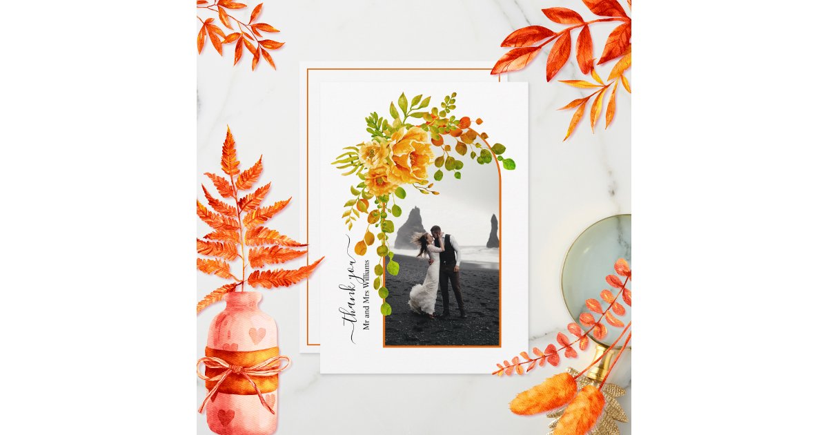 Orange flowers, arch with photo fall wedding thank you card | Zazzle
