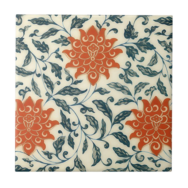 orange flowers - blue stem - Chinese pattern Ceramic Tile (Front)