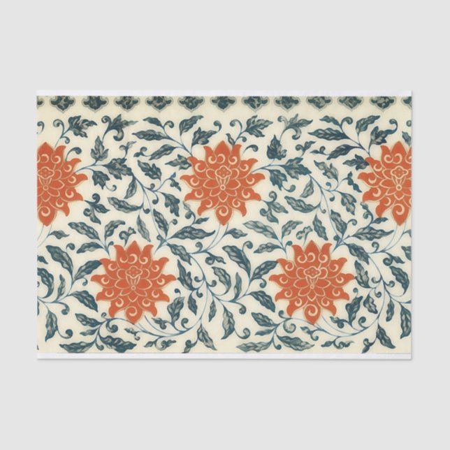 orange flowers - blue stem - Chinese pattern Tissue Paper (Front)