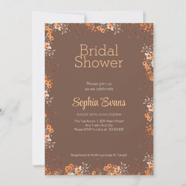 Orange Flowers Border Brown Bridal Shower Invitation (Front)