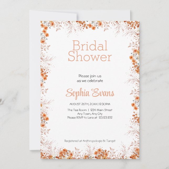 Orange Flowers Border White Bridal Shower Invitation (Front)