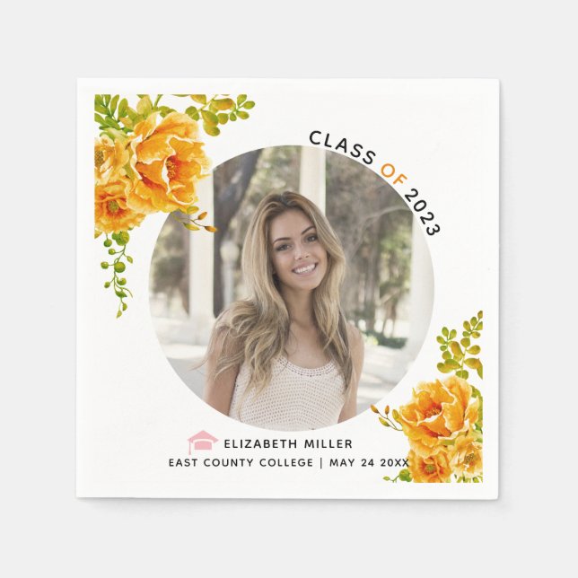 Orange flowers Class of 2022 graduation photo Napkins (Front)