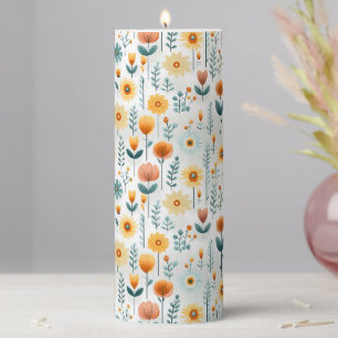 Orange Flowers Colorful Pattern Pillar Candle