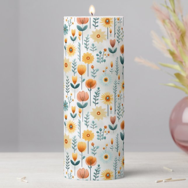 Orange Flowers Colorful Pattern Pillar Candle (In Situ)