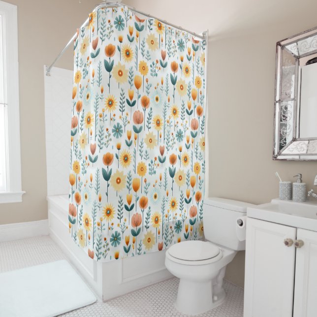 Orange Flowers Colorful Pattern Shower Curtain (In Situ)