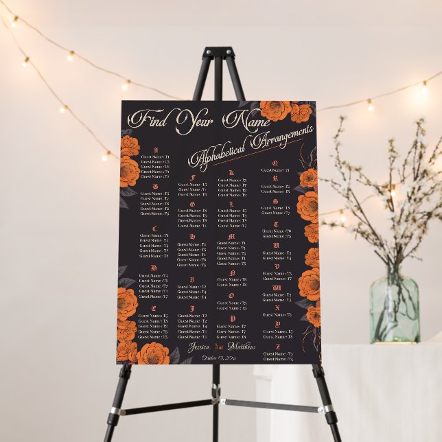 Orange Flowers elegant Alphabetical seating chart  Foam Board (In Situ (Stand))