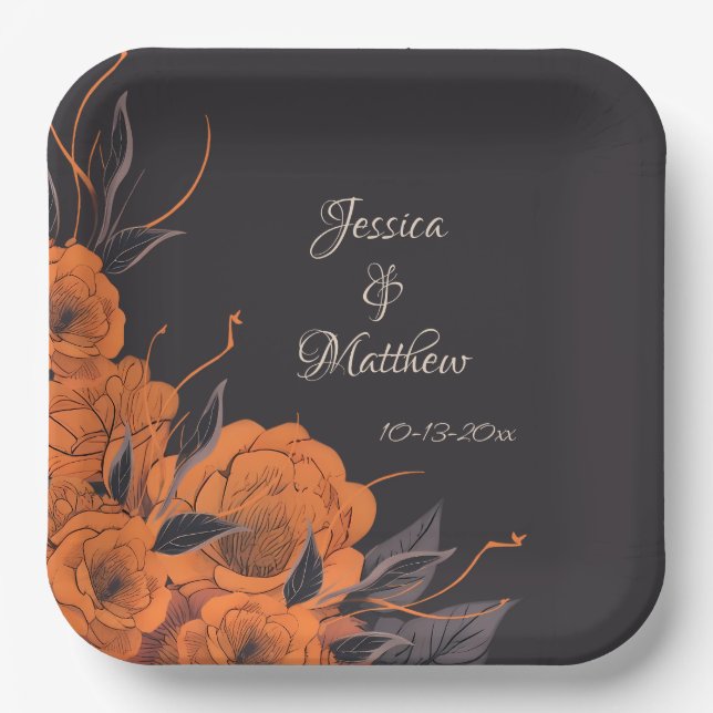 Orange Flowers Elegant Chic date Wedding  Paper Plates (Front)