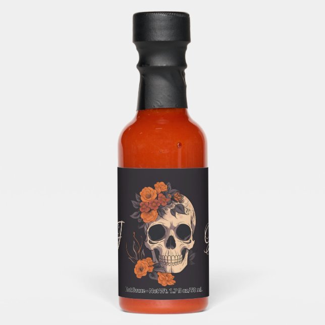 Orange Flowers Elegant Chic Skull date Wedding  Hot Sauces (Front)
