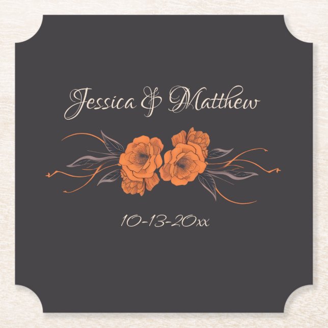 Orange Flowers Elegant Minimalist date Wedding  Paper Coaster (Front)