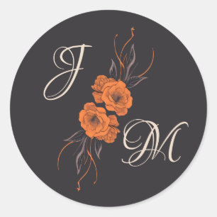 Orange Flowers Elegant Monogram Wedding Sticker