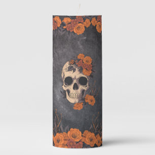Orange Flowers Elegant Skull Wedding Pillar Candle