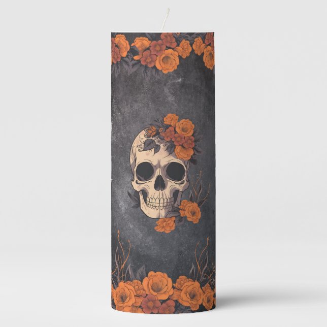 Orange Flowers Elegant Skull Wedding Pillar Candle (Front)