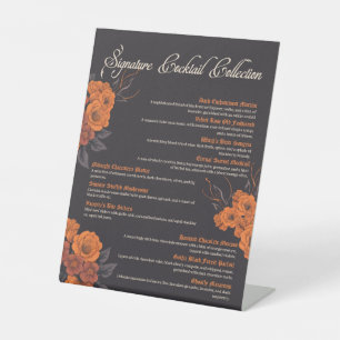 Orange Flowers Elegant Wedding Cocktail Menu Pedestal Sign