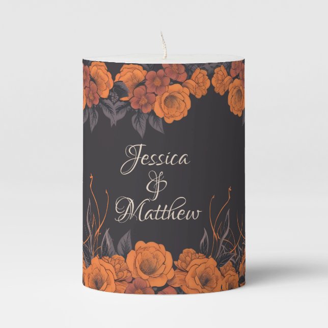Orange Flowers Elegant Wedding Pillar Candle (Front)