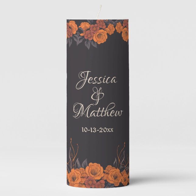 Orange Flowers Elegant Wedding Pillar Candle (Front)