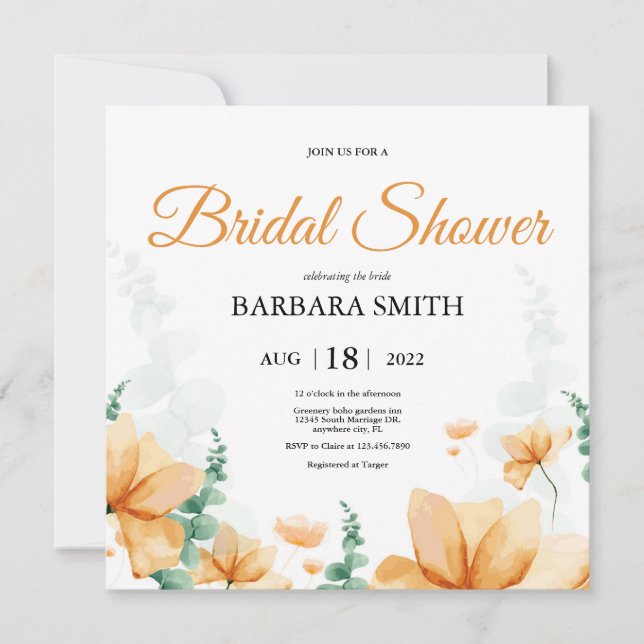 Orange Flowers Eucalyptus Wedding Bridal Shower Invitation (Front)