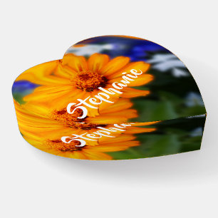 Orange Flowers Floral Heart Glass Paperweight