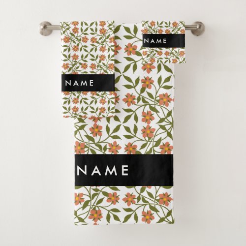 Orange Flowers Floral Pattern Boho Your Name Bath Towel Set