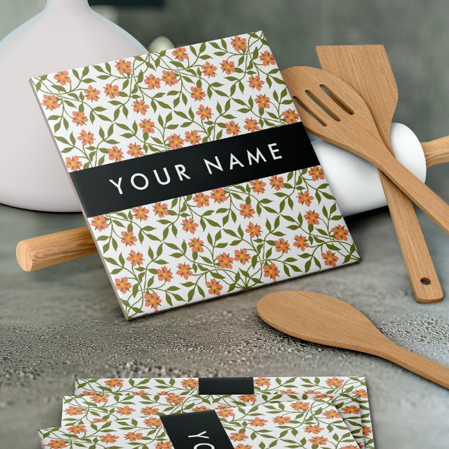 Orange Flowers, Floral Pattern, Boho, Your Name Ceramic Tile (Creator Uploaded)
